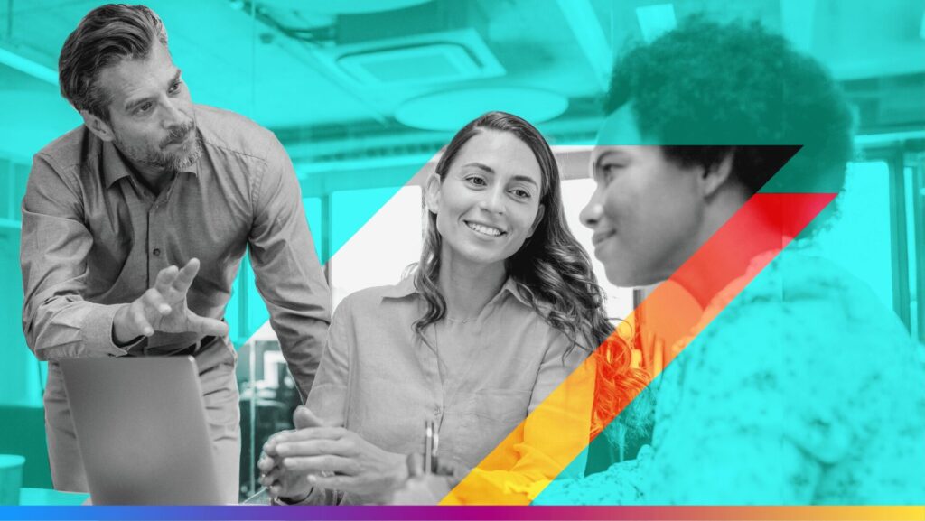 three people at work around a laptop- featured image for humans and AI collaboration article