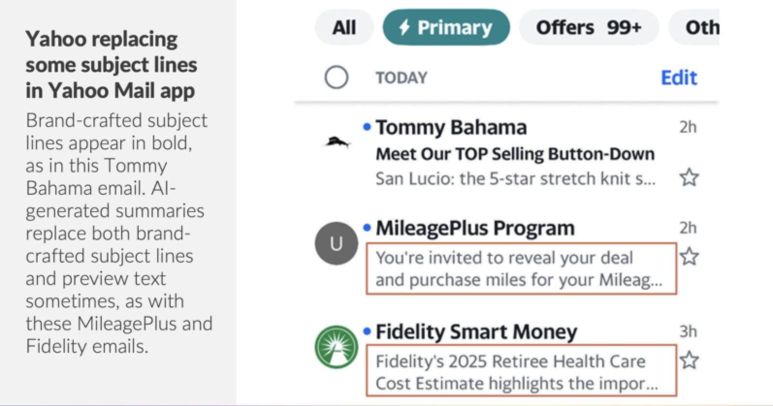 Screenshot of Yahoo's replacing some subject lines