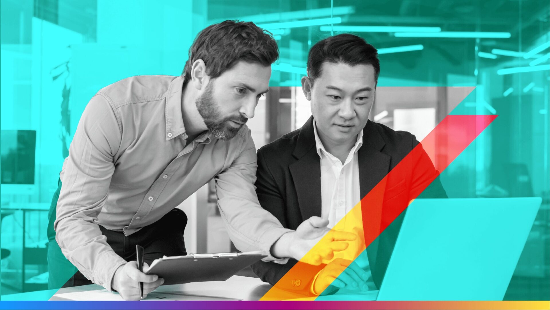 two people pointing at a computer with a teal background - used to promote the Forrester AI Marketing Hubs report