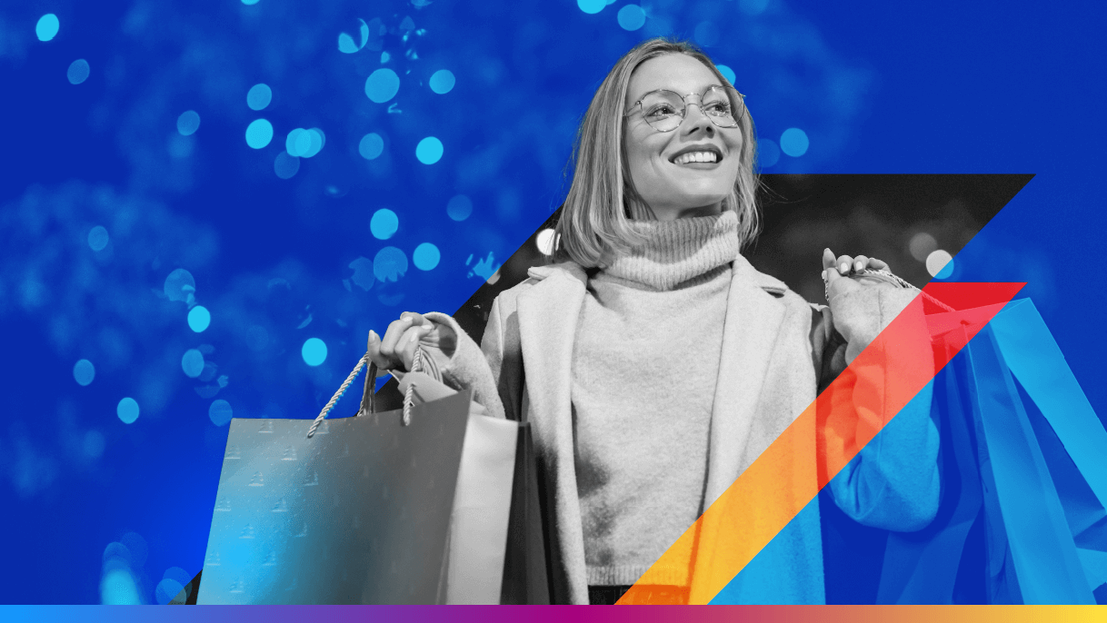 person in front of a christmas tree with shopping bags - featured image for cyber week 2025 results article
