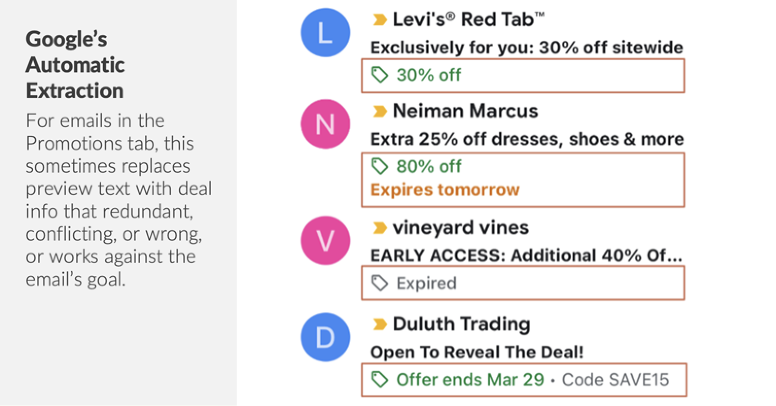 Screenshot of an email inbox showing Google's Automatic Extraction