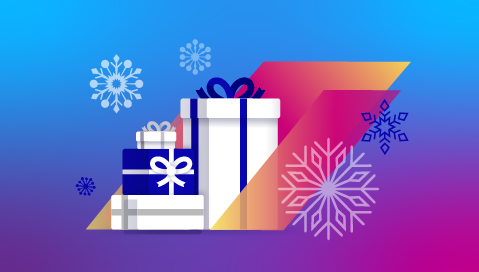 Graphic with presents that is the featured image for the Zeta Holiday Hub landing page
