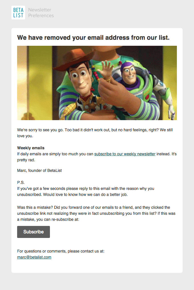 unsubscribe email example - Beta List
