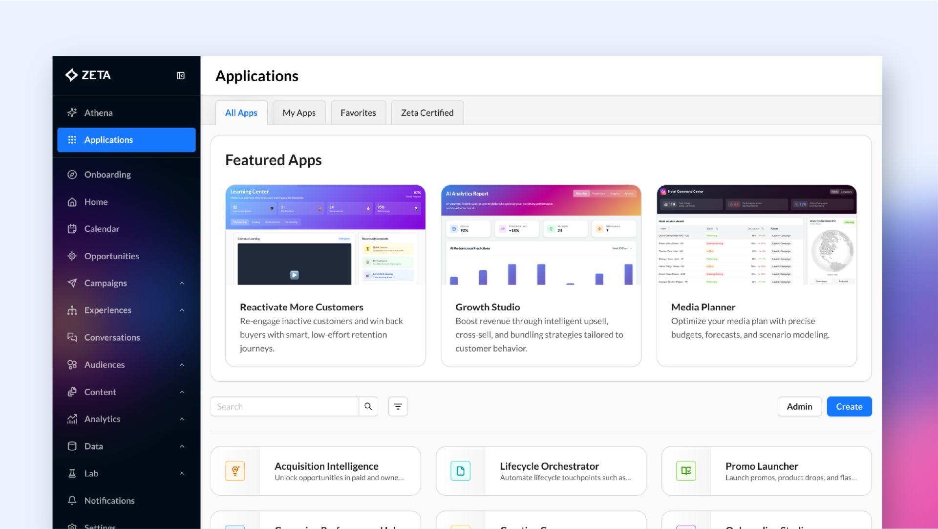 Screenshot of Zeta Apps UI