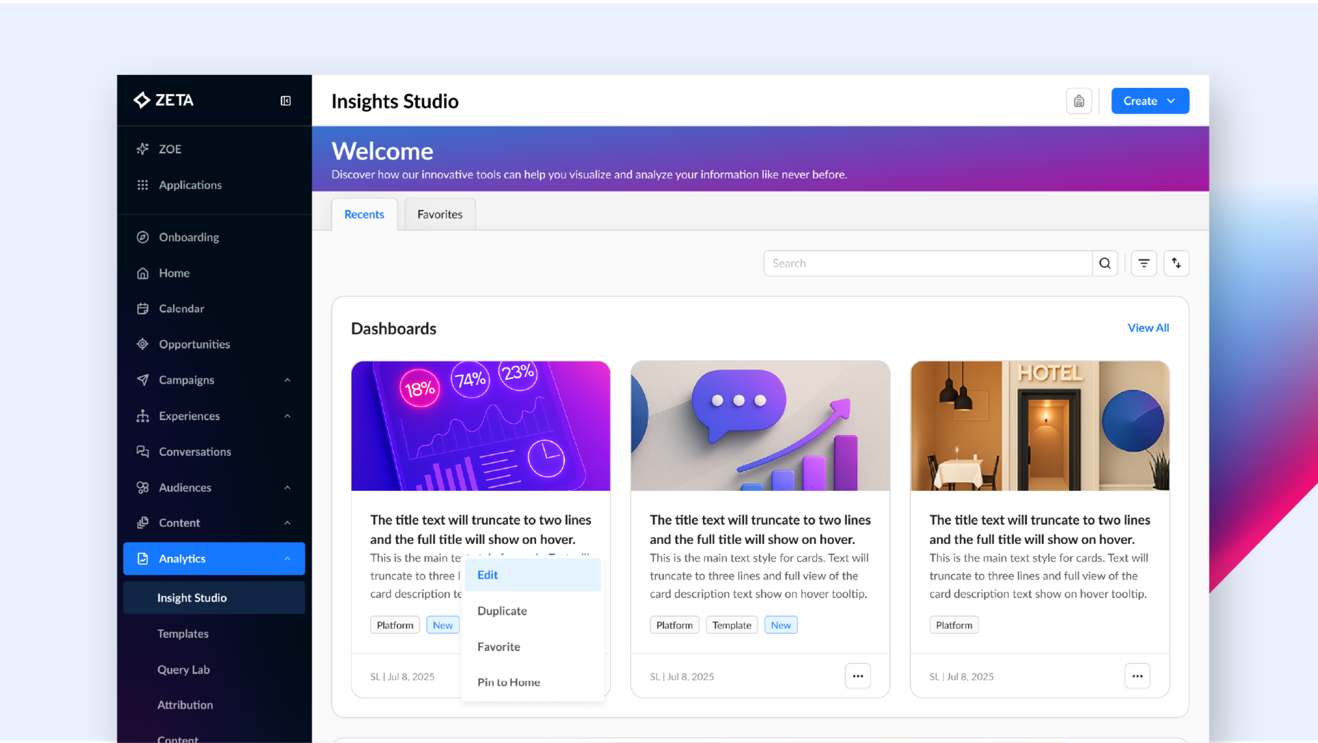 Screenshot of Zeta's Insights Studio