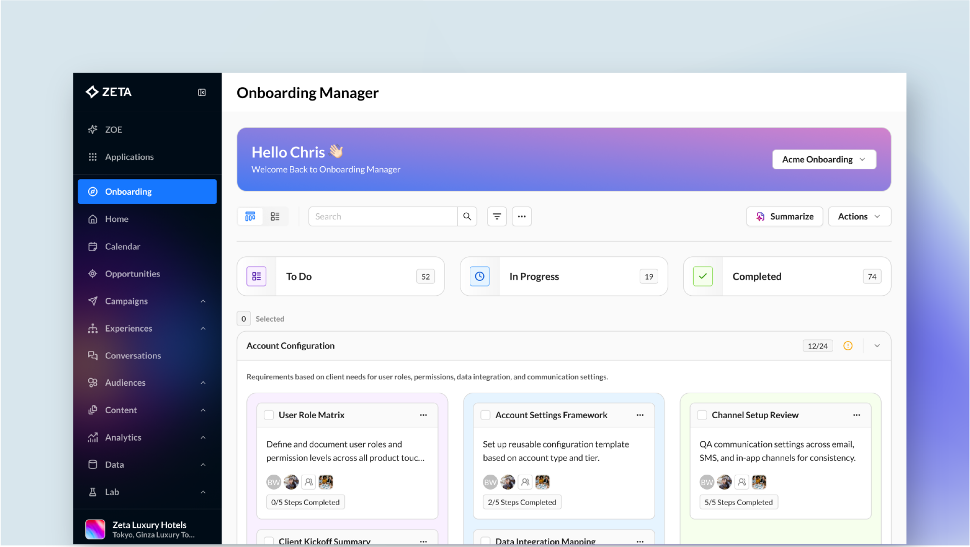 Screenshot of Zeta's Onboarding Manager